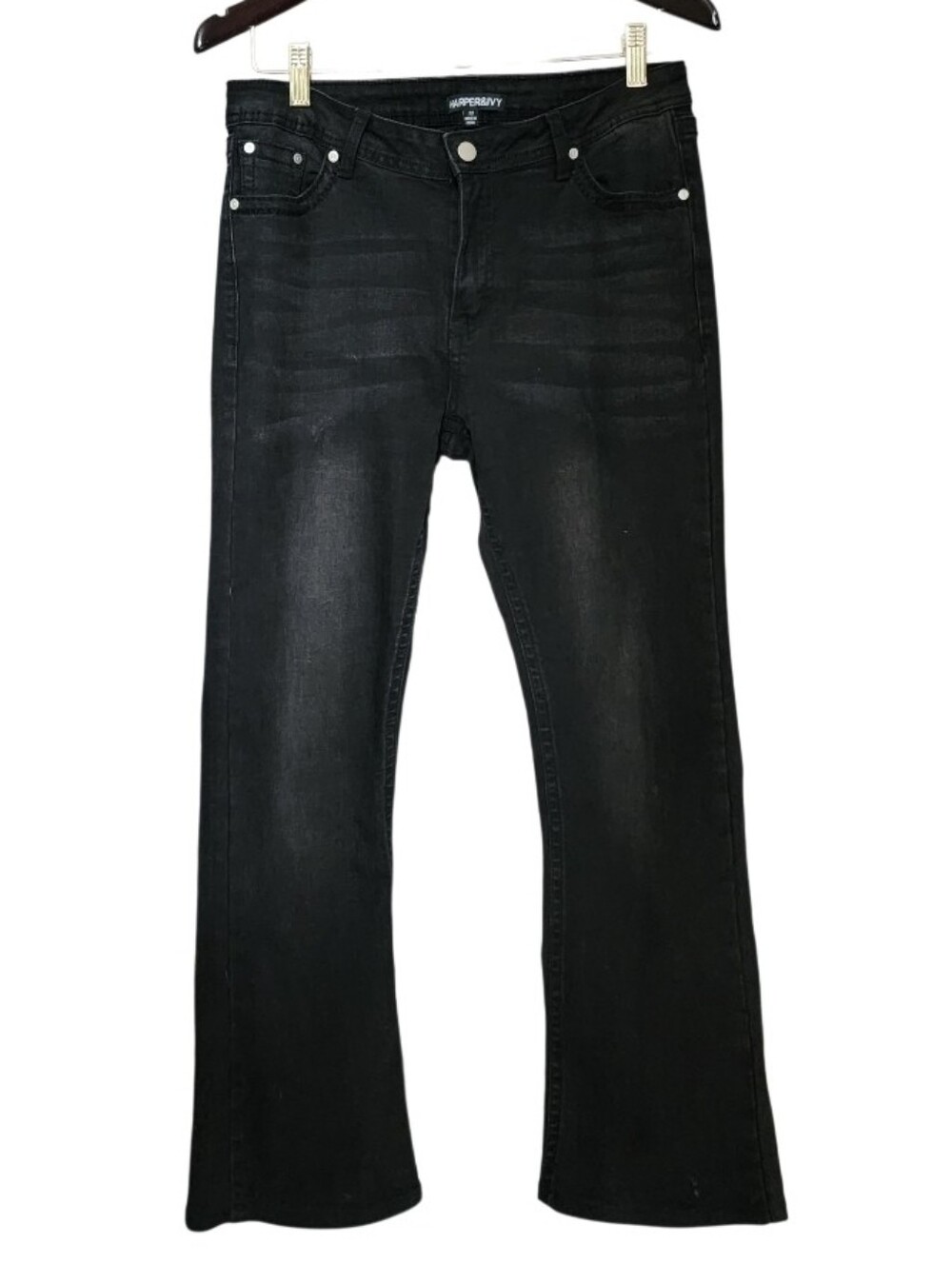 Dark Black Stretch Bootcut Jeans With Decorative Crystal Pockets